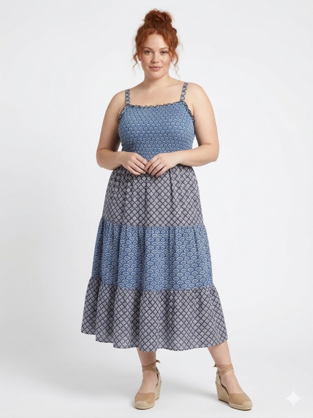Margaux Rivera XL Blue Smoked Boho Midi Sundress Beach Vacation